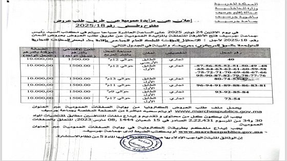 إعلان عن مزايدة عمومية عن طريق مفتوح وطنى رقم 2025/18