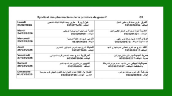 توقيت صيدليات الحراسة من 23فبراير حتى 1 مارس 2026